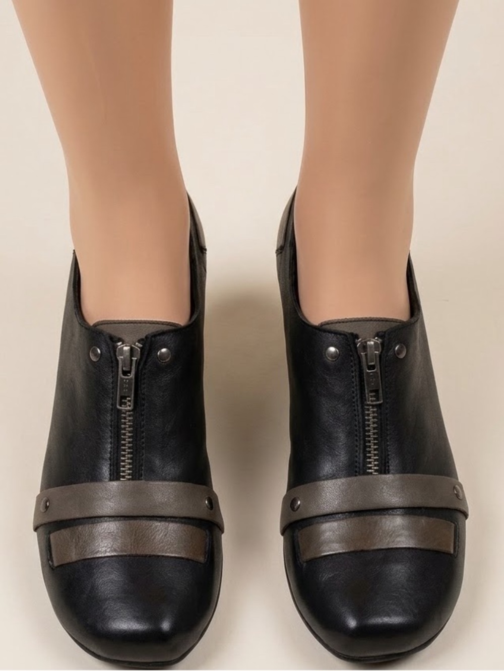 Women’s Black Zip Front Leather Slip-On Loafers with Gray Accent
